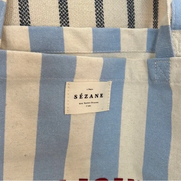 Sezane Bonjour New York Tote Bag, Blue and white crean stipes.…NWOT!! - Picture 3 of 4